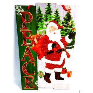 Christmas House Wood Wall Plaque Holiday Santa Claus and Peace 9 x 14 Inches